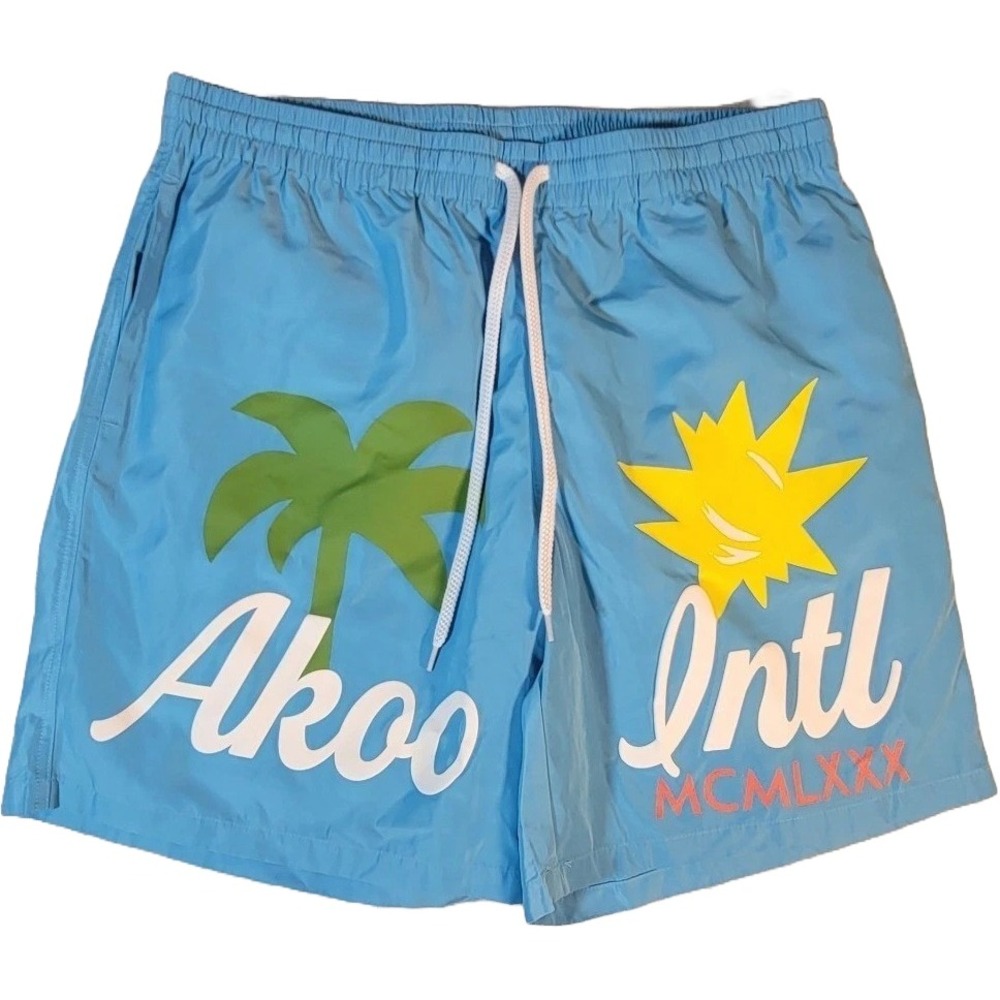 AKOO Men's Voyage Short Blue Grotto 2XL 8" Inseam Beach Palm Tree Sun‎ NWT